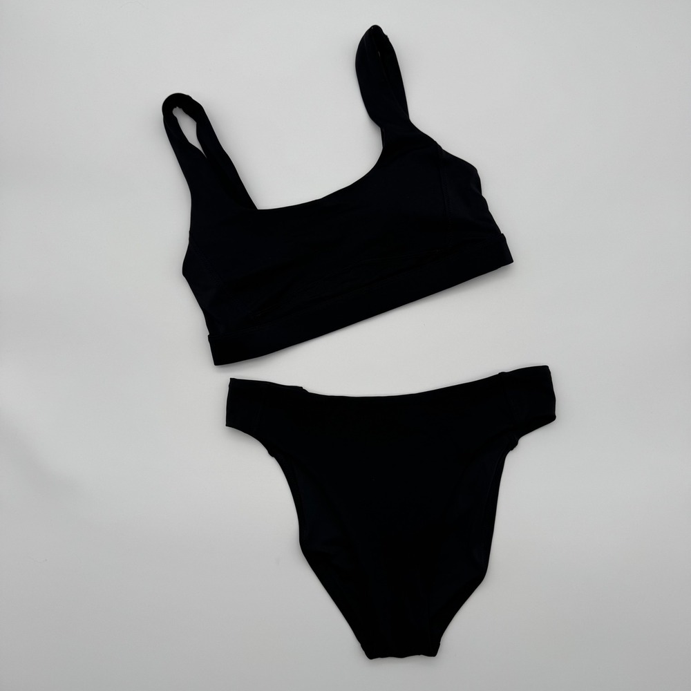 Fabletics Womens Medium Black Bikini Set Scoop Neck Top High Cut Bottoms M Swim
